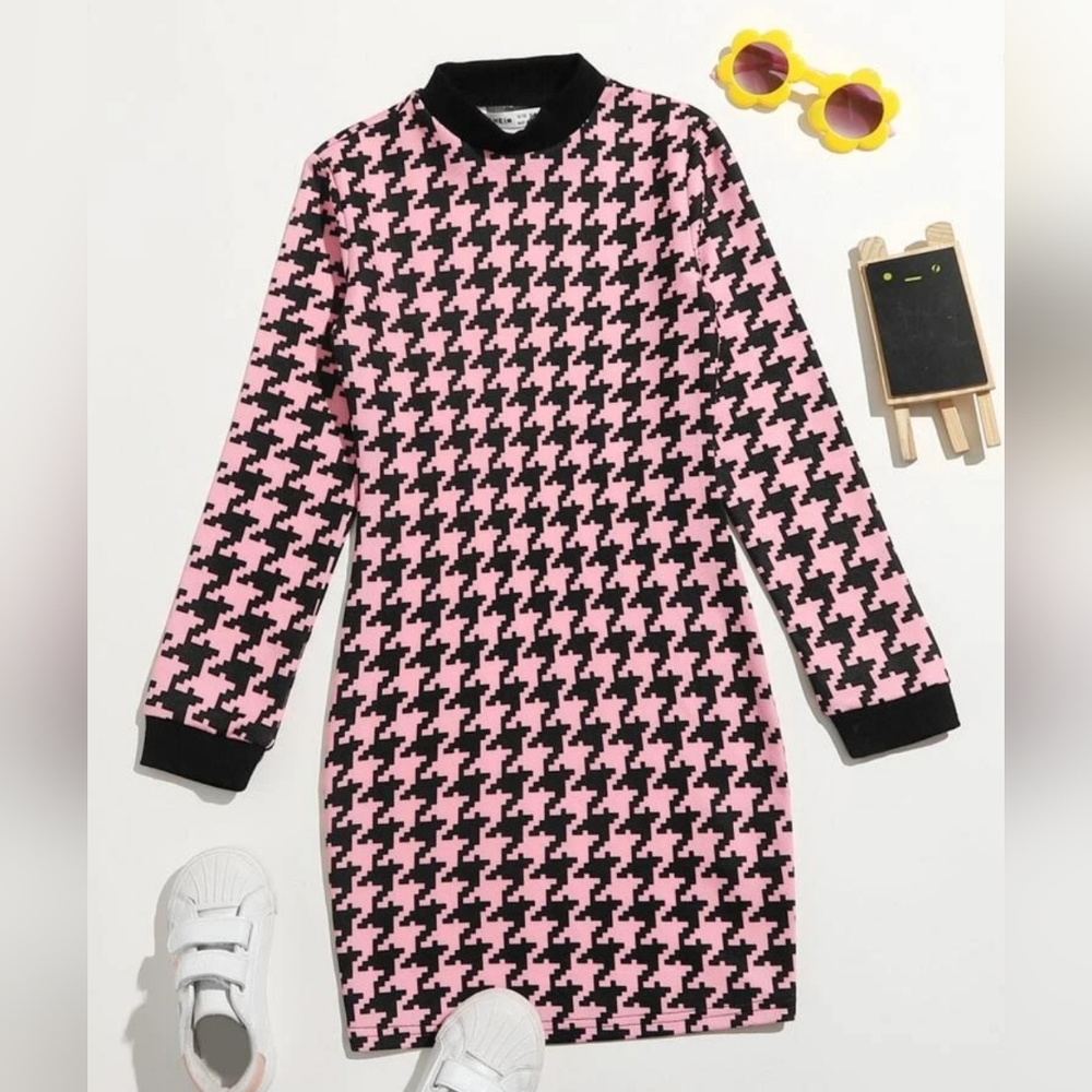 Girls Houndstooth Dress- Pink & Black